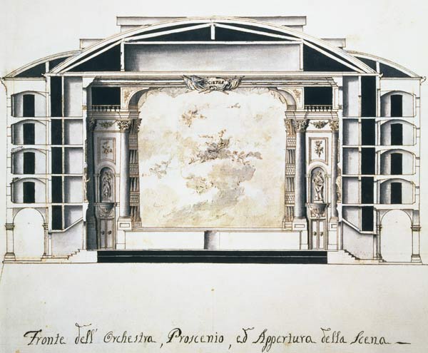 Cross section view of a theatre on the Grand Canal showing the stage and orchestra à Pietro Bianchi
