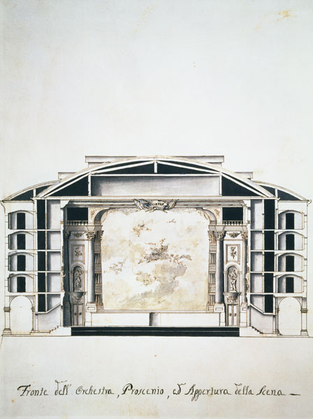 Cross section view of a theatre on the Grand Canal showing the stage and orchest à Pietro Bianchi