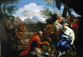 Rahel, assis sur les idoles dissimulés de leur père. à Pietro da Cortona (cercle)