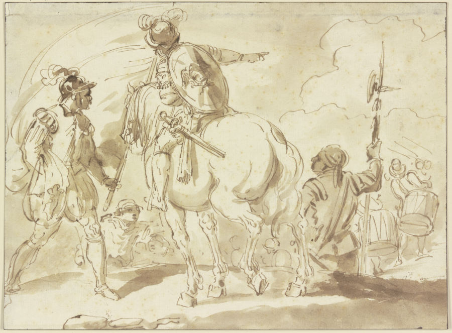 Ein Fahnenträger, ein Reiter und ein Helebardier, in der Ferne zwei Trommler à Pietro Palmieri l'Ancien