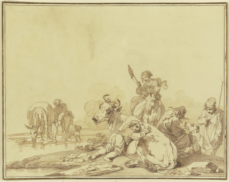 Hirten an einem Wasser gelagert, ein Knabe liegt auf einer Kuh, eine Frau mit Spinnrocken zu Pferde à Pietro Palmieri l'Ancien