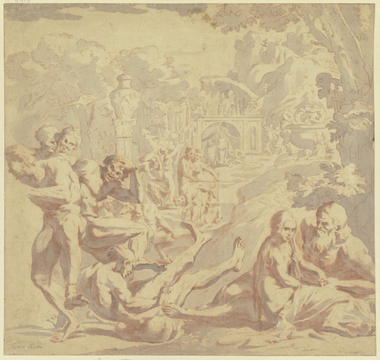 Bacchanal, rechts liebkost ein alter Mann ein Mädchen, links fällt ein Mann über einen Weinschlauch à Pietro Testa