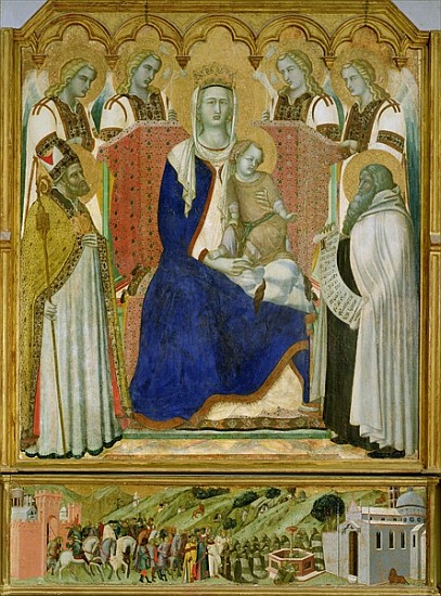 The Carmine Altarpiece, central panel depicting the Virgin and Child with angels, St. Nicholas and t à Pietro Lorenzetti