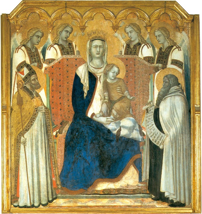 Madonna and Child Enthroned between Saint Nicholas and Prophet Elijah (Madonna del Carmine) à Pietro Lorenzetti