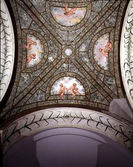 The semicircular ionic portico, detail of the ceiling vault decorated with putti in a garden à Pietro Venale