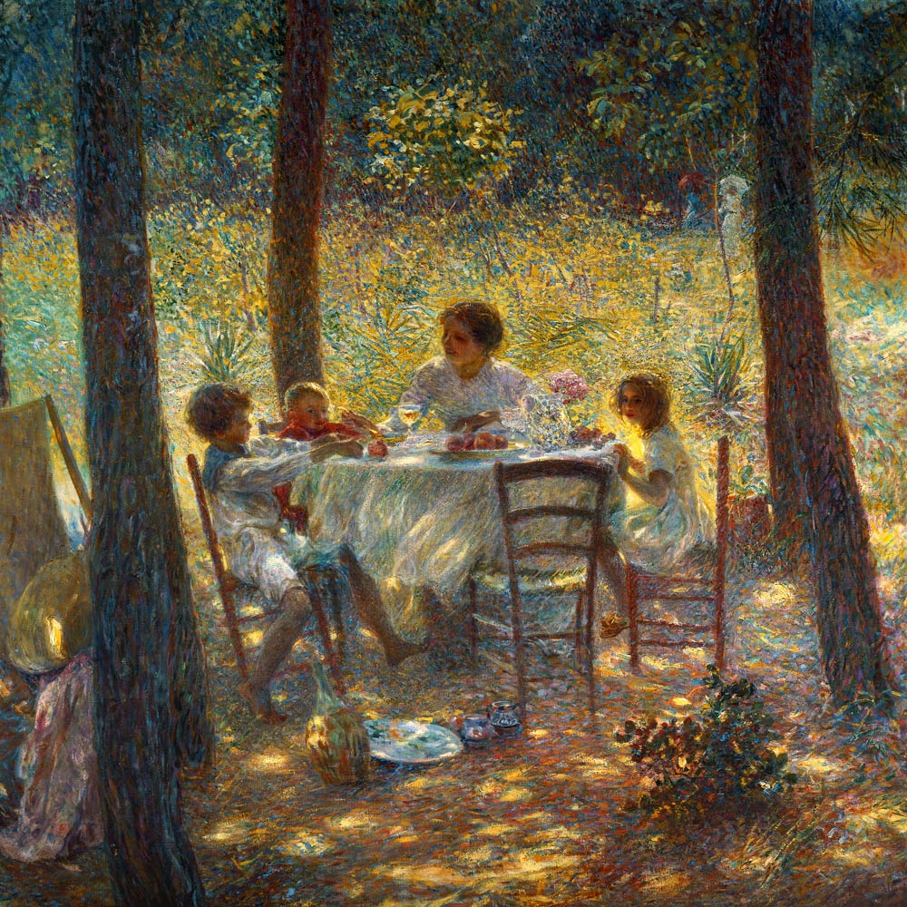 Mutter mit Kindern, mittags am Gartentisch à Plinio Nomellini