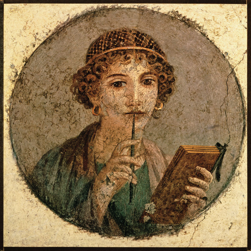 portrait d'une jeune femme avec un crayon et tableau d'écriture à Pompei, peinture murale