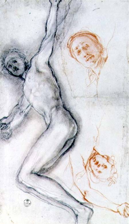 Study of Christ nailed to the cross, the head rehearsed twice (black and red à Pontormo, Jacopo Carucci da