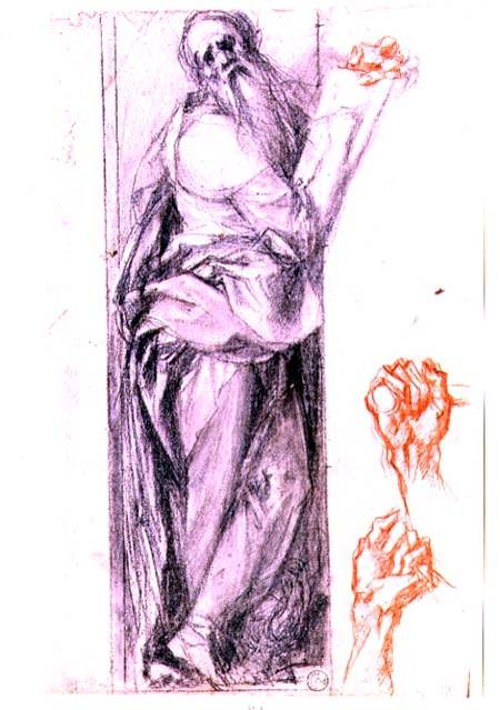 Study of St. John the Evangelist and two studies of fists (black and red chalk) à Pontormo, Jacopo Carucci da