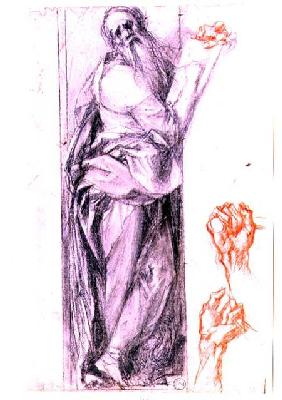 Study of St. John the Evangelist and two studies of fists (black and red chalk)