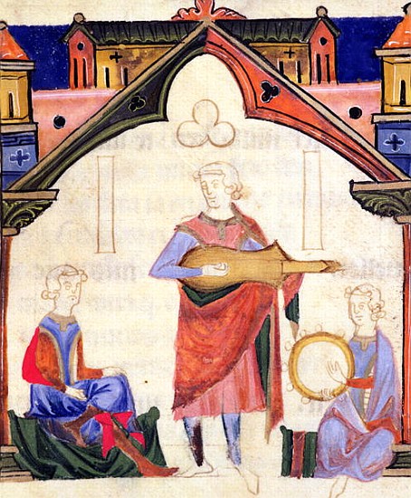Fol.12v Musicians playing the guitar and tambourine, from the ''Chansonnier des Nobles'' à École portugaise