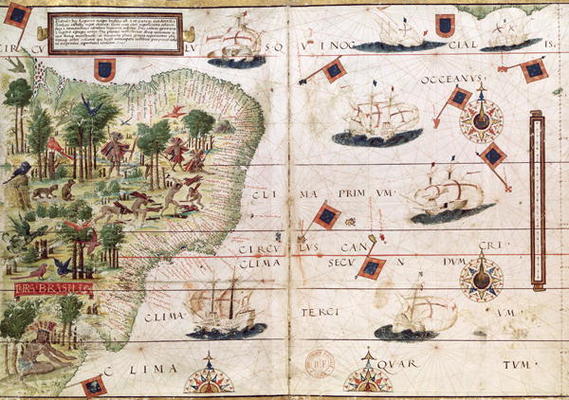 Brazil from the 'Miller Atlas' by Pedro Reinel, c.1519 (see 199955 for detail) à École portugaise, (16ème siècle)