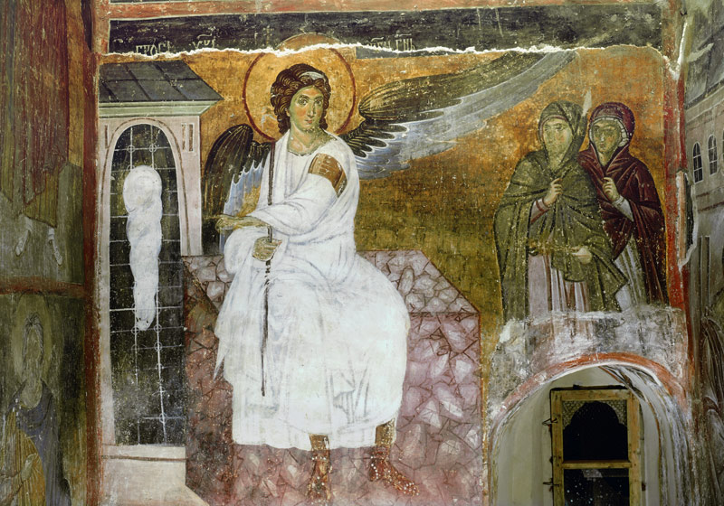 Engel am Grab Christi - Der weiße Engel am leeren Grab Christi und die Myrrhenträgerinnen (Myrrhopho à Prag Peintre inconnu