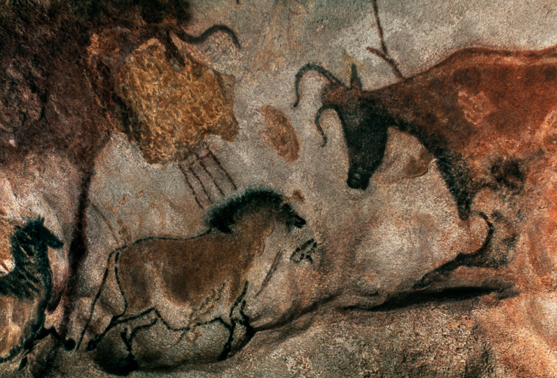 Rock painting showing a horse and a cow à Préhistorique