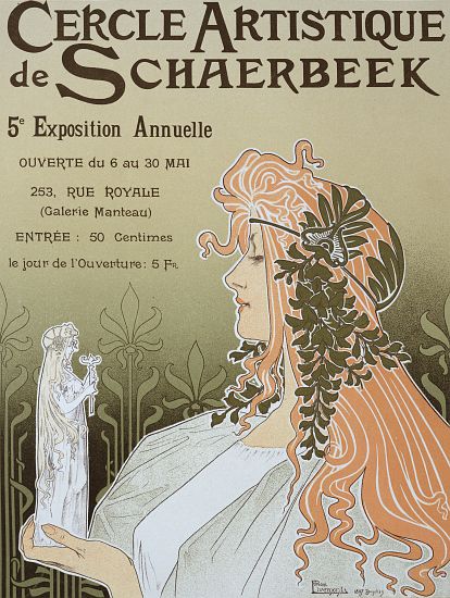 Reproduction of a poster advertising 'Schaerbeek's Artistic Circle, the Fifth Annual Exhibition', Ga à Privat Livemont