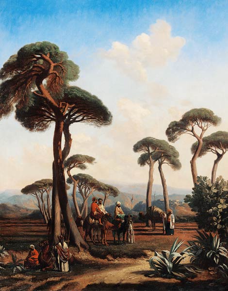 Arabs and Camels in Wooded Landscape à Prosper Marilhat