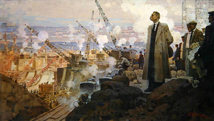 Maxim Gorky (1868-1936) at the Building of the Hydroelectric Power Plant 'DnieproGES', 1951 (oil on à Pyotr Ivanovich Kotov