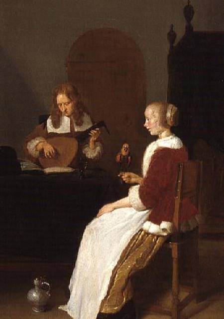 An interior with a lute player and a woman holding a parrot à Quiringh Gerritsz. van Brekelenkam