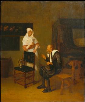 Scene at an Inn with elderly Guest and servant Maid