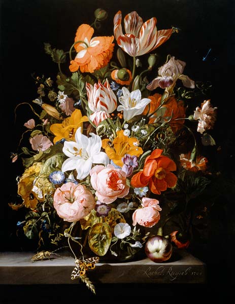 Still life of roses, lilies, tulips and other flowers in a glass vase with a Brindled Beauty on a st à Rachel Ruysch