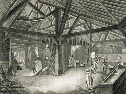 Glassmaking factory, from the 'Encyclopedia' by Denis Diderot (1713-84), engraved by Robert Benard ( à Radel