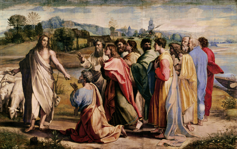 Christ's Charge to St. Peter (cartoon for the Sistine Chapel) (PRE RESTORATION) à Raffaello Sanzio