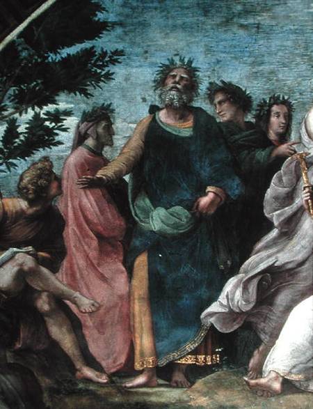 The Parnassus, detail of Homer, Dante and Virgil, in the Stanze della Segnatura à Raffaello Sanzio