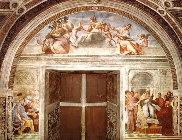 The Judicial Virtues: Pope Gregory IX approving the Vatical Decretals; Justinian handing the Pandect à Raffaello Sanzio