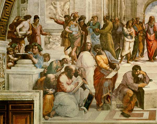 The School of Athens, detail from the left hand side showing Pythagoras surrounded by students and M à Raffaello Sanzio