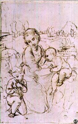 Study of a Madonna and Child with the infant St. John the Baptist (pen & ink) à Raffaello Sanzio