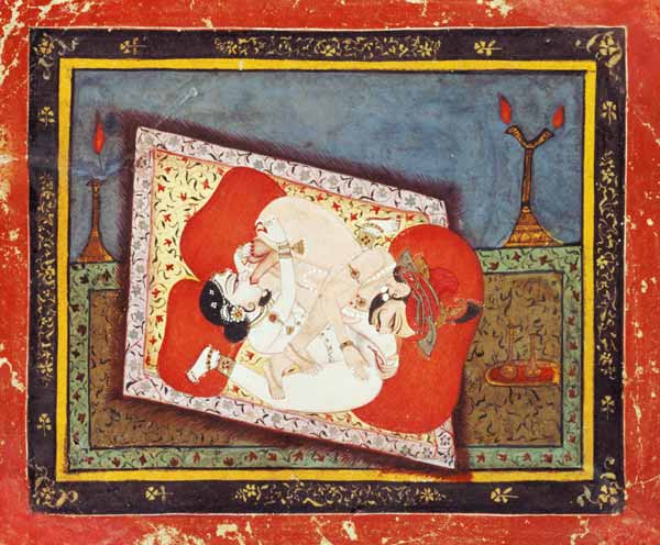'The posture of the crow' from the Kama Sutra, ecstatic oral intercourse between a prince and a lady à École Rajput