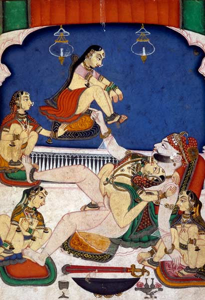 'Bull among the Cows' from 'the Kama Sutra'; a Prince enjoying five women, Kotah, Rajasthan à École Rajput