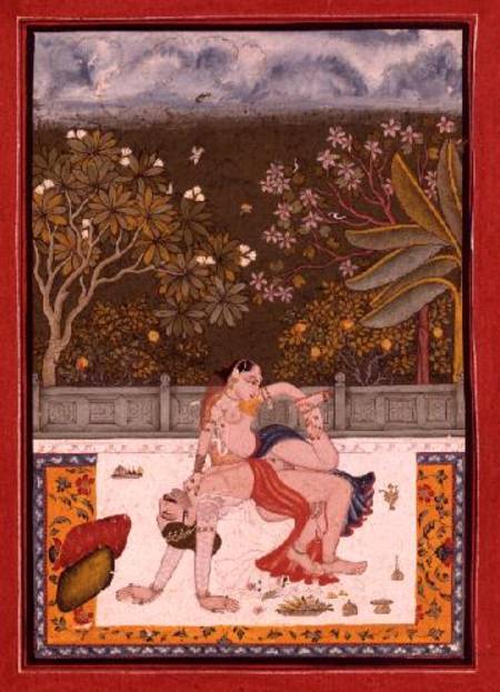A prince and a lady in a combination of two canonical erotic positions listed in the `Kama Sutra', B à École Rajput