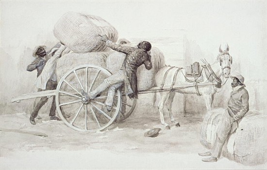 Negroes loading Cotton Bales at Charleston (pen & wash on paper) à Randolph Caldecott