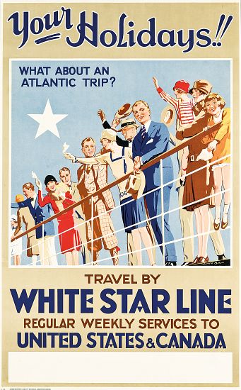 Your Holidays! Travel by the White Star Line', a poster advertising travel to United States and Cana à Reginald Mills