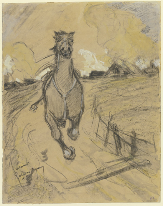 Gesatteltes reiterloses Pferd auf der Flucht, im Hintergrund ein brennendes Dorf à Reinhard Pfaehler von Othegraven