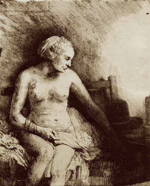 Nackte Frau auf einer Bank à Rembrandt Harmenszoon van Rijn