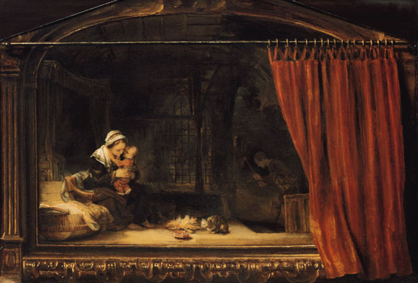 La Sainte Famille avec un rideau à Rembrandt Harmenszoon van Rijn