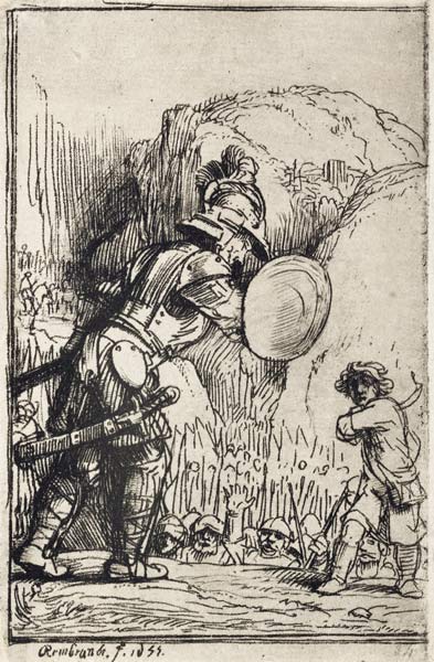David and Goliath. Illustration for Piedra gloriosa by Menasseh ben Israel à Rembrandt Harmenszoon van Rijn