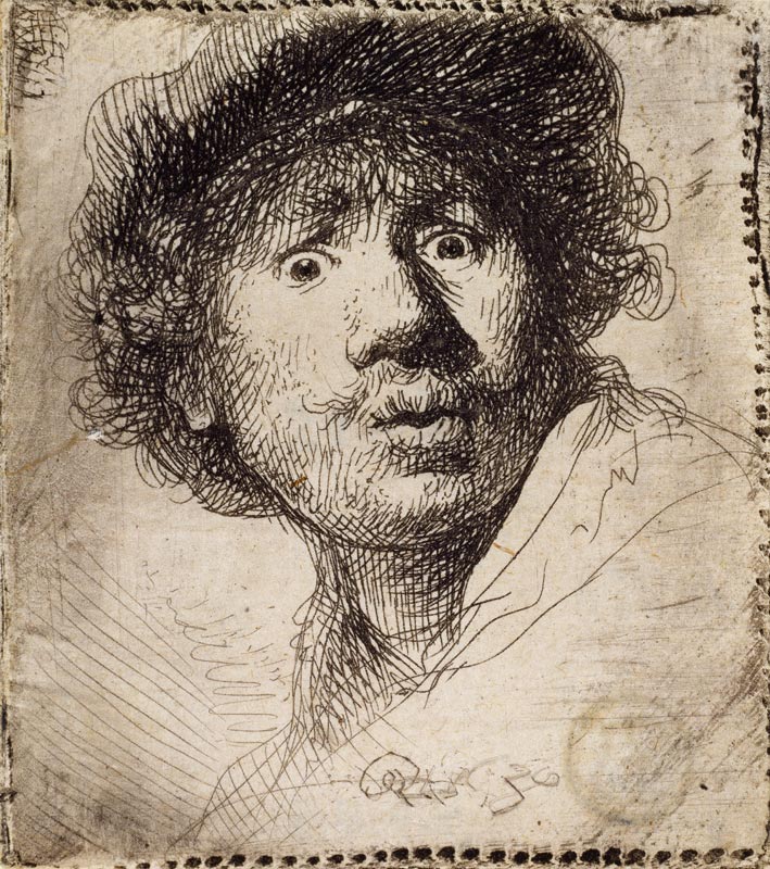 Self-Portrait in a cap, wide-eyed and open-mouthed à Rembrandt Harmenszoon van Rijn