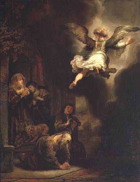 The Archangel Raphael Taking Leave of the Tobit Family à Rembrandt Harmenszoon van Rijn