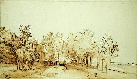 Avenue with a footpath and a farmhouse on the left à Rembrandt Harmenszoon van Rijn