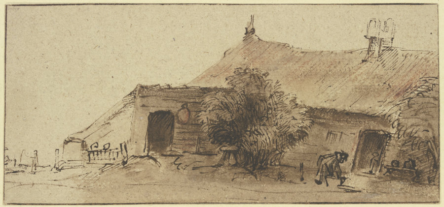 Bauernhaus, davor ein Baum und eine sich bückende Figur à Rembrandt Harmenszoon van Rijn