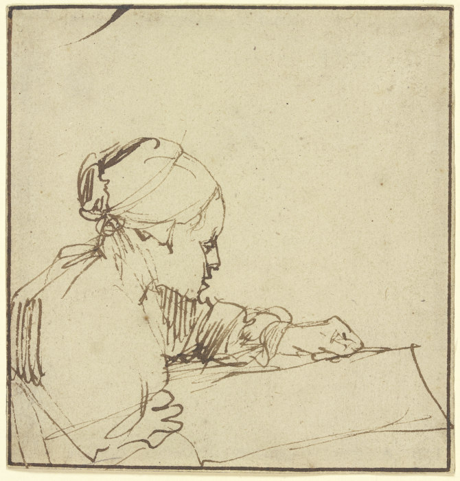 Halbfigur einer im Profil nach rechts sitzenden jungen Frau, die in einem Buch liest à Rembrandt Harmenszoon van Rijn