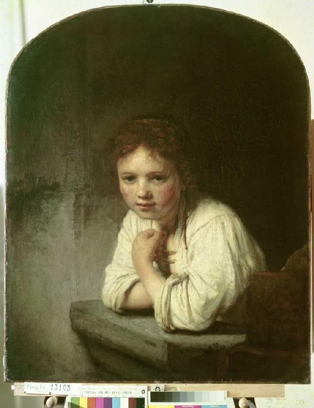 Mädchen, sich auf eine Fensterbrüstung lehnend à Rembrandt Harmenszoon van Rijn