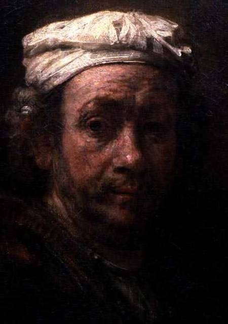 Portrait of the Artist at His Easel, detail of the face à Rembrandt Harmenszoon van Rijn