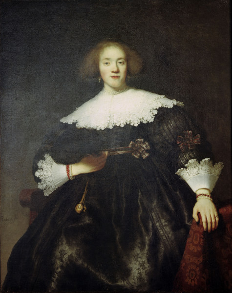 Rembrandt, Porträt einer Frau mit Fächer à Rembrandt Harmenszoon van Rijn