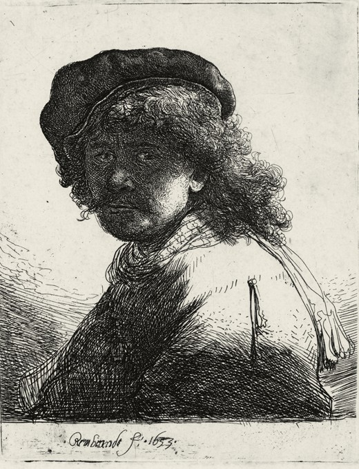 Self-Portrait in a Cap and Scarf with the Face Dark à Rembrandt Harmenszoon van Rijn