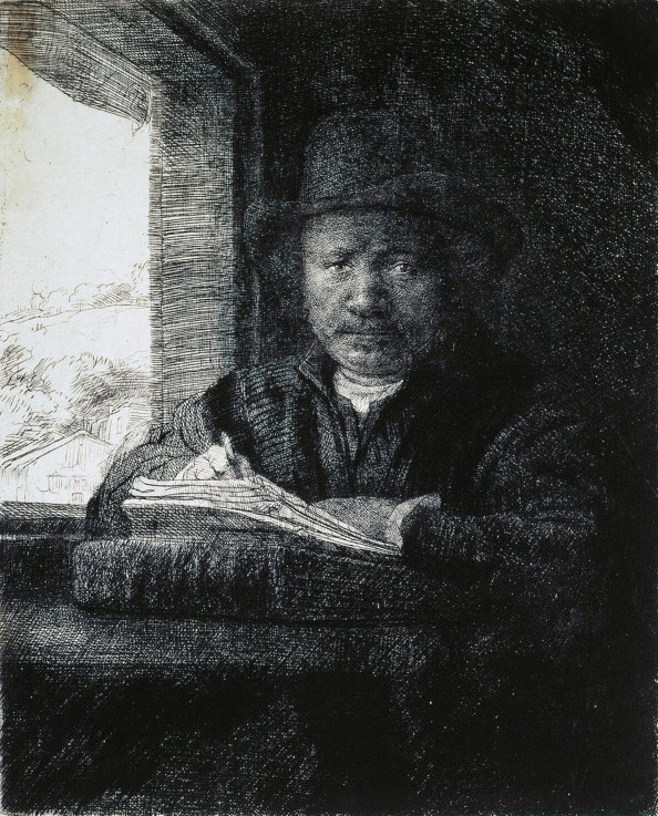 Self-Portrait Drawing by a Window à Rembrandt Harmenszoon van Rijn