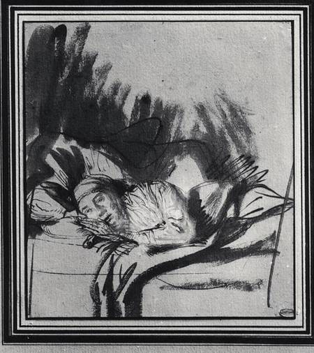 Sick woman in a bed, maybe Saskia, wife of the painter à Rembrandt Harmenszoon van Rijn